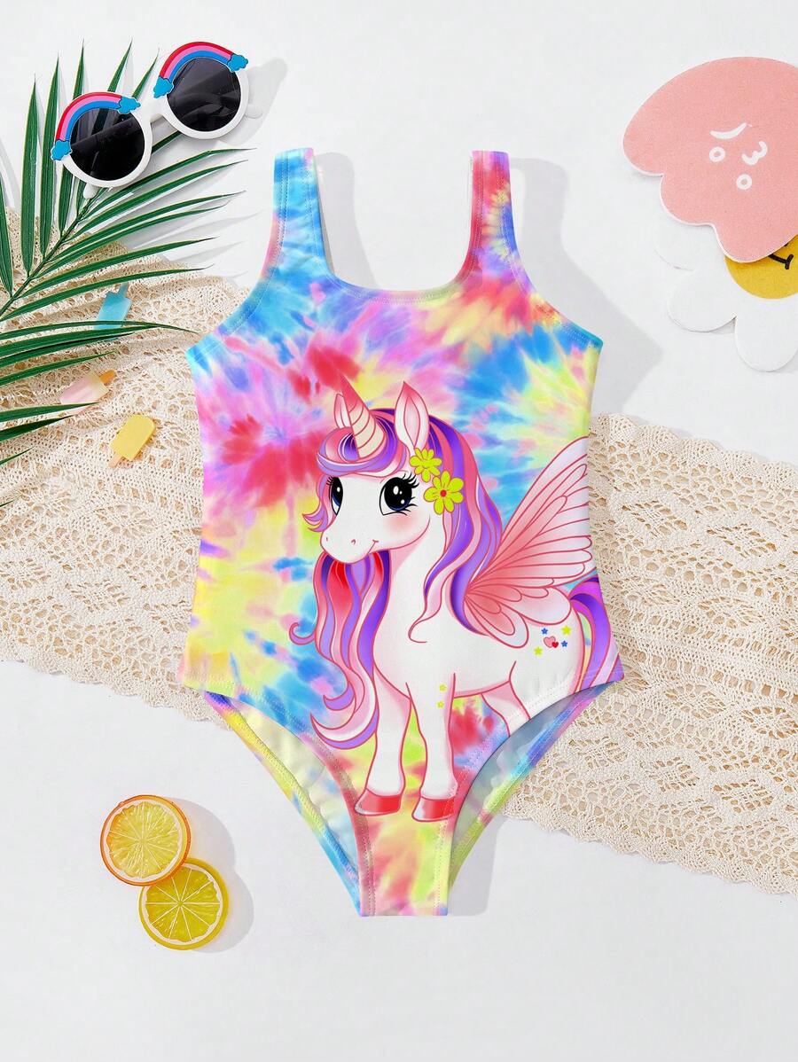 Traje de baño de una pieza casual y sencillo apropiado para niñas jóvenes en verano - Multicolor - Ver 1