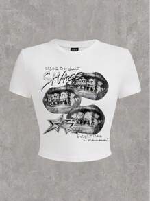 Slaydiva 2025 街头时尚 Y2K 风格金色牙齿和嘴唇印花短款上衣紧身圆领短袖 T 恤女款 - 白色 - 查看 3