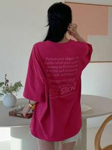 DAZY 新款字母印花宽松休闲海滩度假女士T恤，夏季超大码T恤，图案T恤 - 玫紅色 - 查看 7