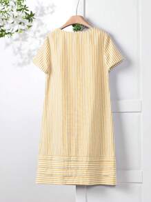 Rusticease Women's Striped Print Pleated Hem Short Sleeve Dress, Holiday And Casual - Yellow - View 2