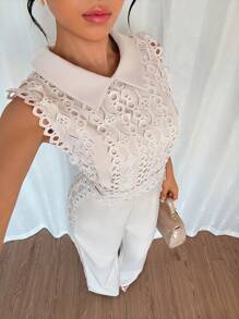 Chiquease Combinaison élégante sans manches avec patchwork en dentelle de couleur unie, convenant pour l'été - Nude - Voir 7