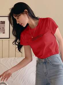 DAZY 女式休闲圆领短袖标语印花T恤学院风上衣 - 紅色 - 查看 6