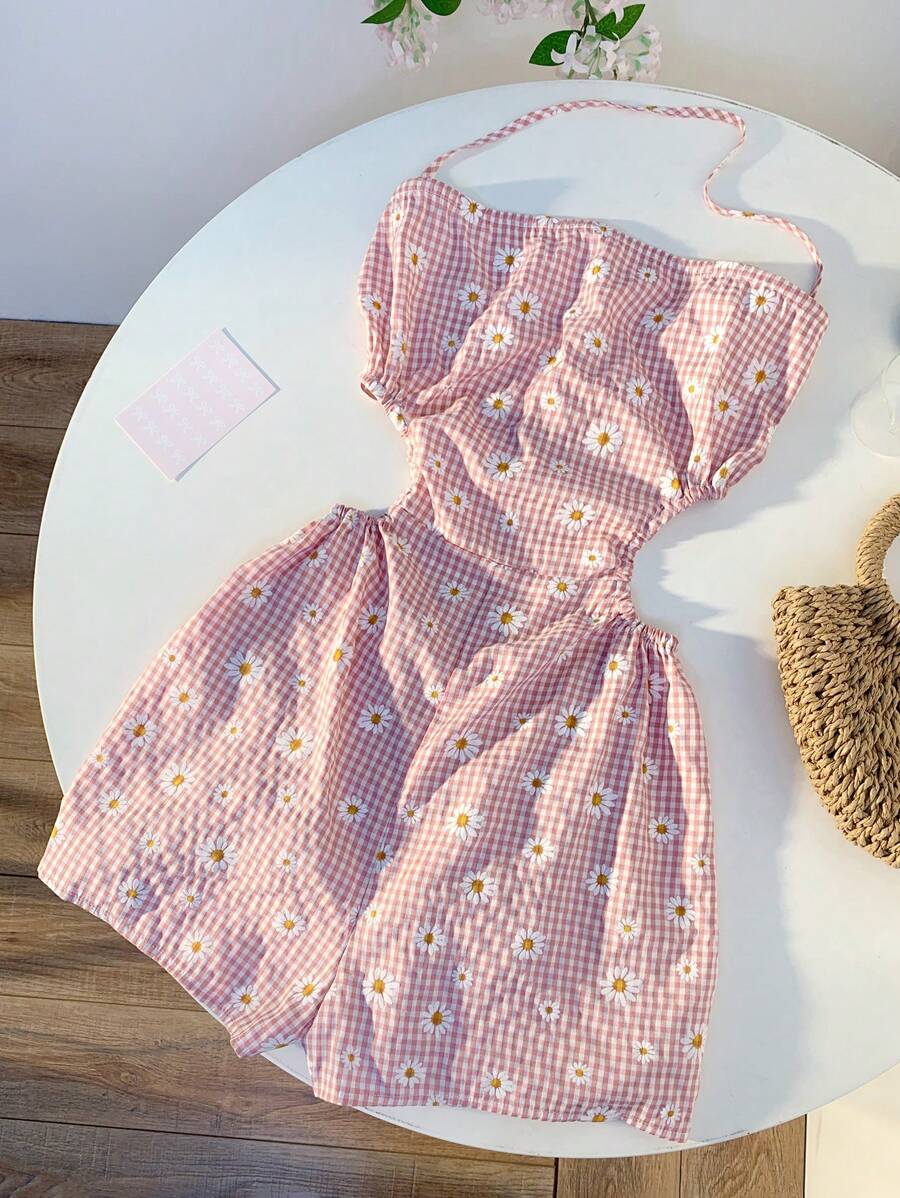 Comfortcana 女式夏季休闲格子和雏菊印花露背吊带连体衣 - 粉色 - 查看 1