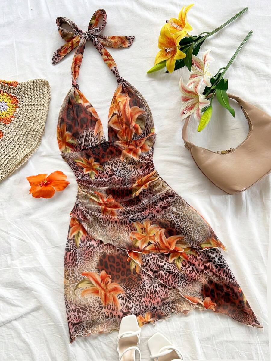 Soleia 女士花卉豹纹百褶露背迷你连衣裙，夏季度假 - 彩色 - 查看 1