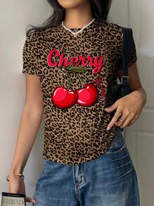 SHEIN EZwear 休闲简约可爱樱桃豹纹圆领短袖T恤女款，适合夏季 - 彩色 - 查看 3