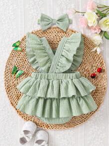Souflis Souflis Vestido fruncido de tarta color verde menta para bebé/niña pequeña, estilo dulce y elegante adecuado para salidas de verano, fiestas y uso diario
