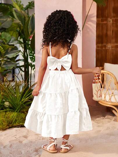 SHEIN Sparklyn Young Girl Vacation Beachside Bowknot Camisole Dress,Holiday,Summer,Travel