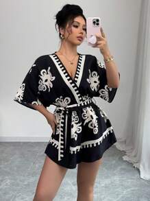 Breezaya 女式复古印花 V 领收腰蝙蝠袖连体裤 - 黑色 - 查看 3