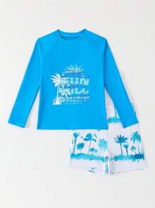SHEIN Tween Boy Coconut Tree Print Swimwear Set, Holiday Beach - Multicolor - View 6