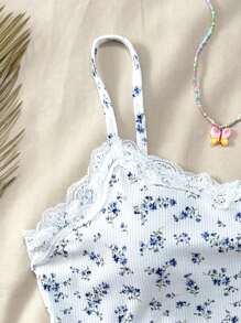 SHEIN Leap Crew Teen Girl Ribbed Knit Tiny Ditsy Floral Pattern Lace Trim Casual, Homewear, Teens, Cute, Vacation, Comfortable Camisole - Multicolor - View 4