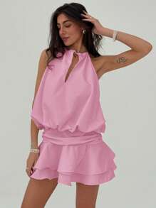 Aloruh 女式纯色锁孔领荷叶边下摆挂脖迷你连衣裙 - 粉色 - 查看 5