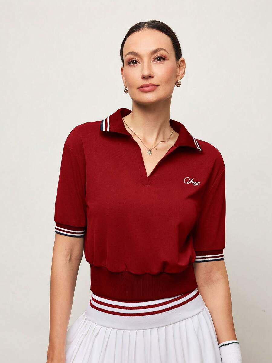 Activina 女士休闲健身字母条纹短袖 Polo 衫 - 紅色 - 查看 1