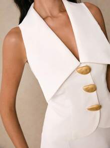 Poéselle Chic Metallic Button Top With Piece Skirt Set, Chic Neckline - Fashion Statement, Chic Summer Dresses, Stylish Blazers, Elegant Party Women's Two Pieces Sets, Women Party White Outfits For Women - White - View 2