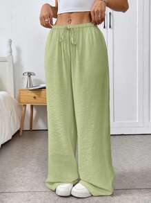 SHEIN EZwear 浅绿松石色女式梭织长裤，夏季时尚 - 青檸色 - 查看 6