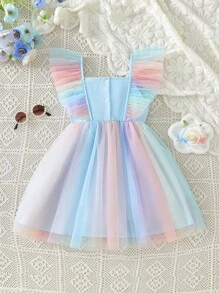 SHEIN 1 pezzo Elegante abito da festa per ragazze rosa con vita vita arricciata, fiocco, maniche a campana in tulle colorato, adatto per ragazze dolci