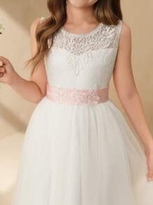 SHEIN 全新少女婚礼花童公主裙贴花薄纱泡泡裙钢琴演奏表演服花童选美礼服 - 白色 - 查看 5