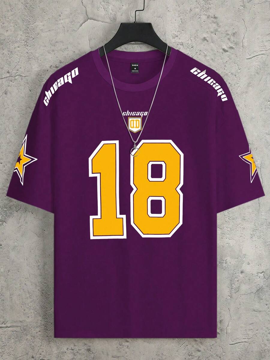 Manfinity Campus Court 宽松男士数码印花短袖 T 恤 - 紫色 - 查看 1