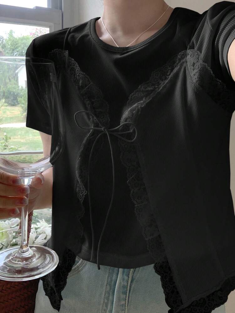 Women's Lace Splice Round Neck Short Sleeve T-Shirt, 2-In-1 Look