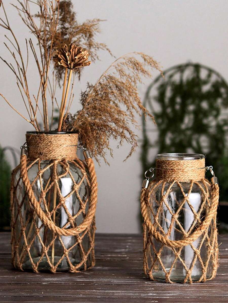1 chiếc túi lưới dệt thủ công sáng tạo cổ điển & bình thủy tinh trong suốt dùng để trang trí nhà cửa, cắm hoa & trồng thủy canh, trang trí nhà cửa, bình hoa, đồ trang trí giữa bàn