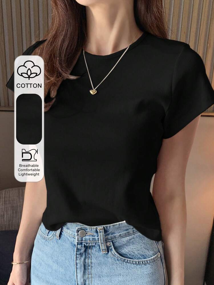 Women's Round Neck Solid Color Basic White Short Sleeve T-Shirt, Spring/Summer,Business Casual Women