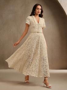 Anewsta Women's V-Neck Cinched Waist Elegant Fitted Lace Midi Dress - Apricot - View 5