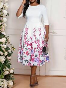 SHEIN Lady Plus Size Vrouwen Eenvoudige Bloemenprint Ronde Hals Lange Mouw Casual Jurk Winter Elegante Vier Seizoenen Herfstjurk Feestjurk voor Dames Elegante Damesjurk Kant Lange Mouw Maskeradejurk Concertjurk voor Dames Korte Jurk Valentijnsdag Nieuwjaar Feestjurk Rozenbloemjurk Paasjurk Dames Bruiloftsgastjurk Dames Vakantie Boho