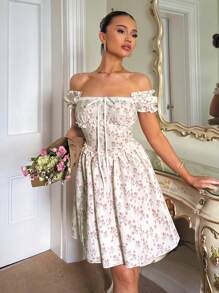 SHEIN PETITE Textured Fabric Off Shoulder Puff Sleeve Ruffle Trim Short Dress For Women