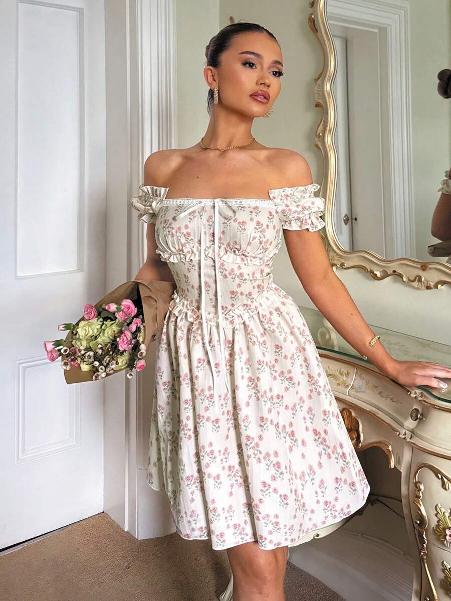 SHEIN PETITE Textured Fabric Off Shoulder Puff Sleeve Ruffle Trim Short Dress For Women