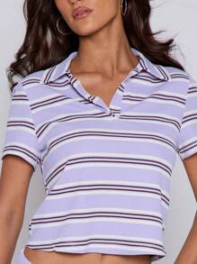 MUSERA Áo polo tay ngắn cài cúc cổ bẻ kẻ sọc cho bé gái, thích hợp mùa xuân hè, kiểu dáng dễ thương, thoải mái khi đi sân bay, áo thun cơ bản in hình, áo thun đi nghỉ mát. - Màu Lilac Tím - Xem 5