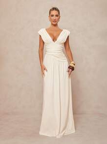 Lumalex 外出夏季泳衣泳装度假复活节波西米亚风海滩热户外丰富层次婚礼季宴会成人礼海滩海边女士纯色深 V 领荷叶边腰部连衣裙，优雅女士长裙女士优雅婚礼 - 杏色 - 查看 6