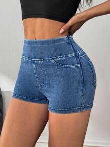 SHEIN PETITE Women's High Stretch Denim Mini Shorts: Casual Medium Wash Zipper Detail For Everyday Comfort - Medium Wash - View 6