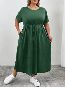 SHEIN CURVE+ Vestido holgado de manga larga negro con cinturón y bolsillos, estilo casual de verano para mujer de talla grande