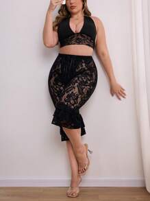 SHEIN Privé Plus Size Women Comfortable Casual Elegant Vacation Sexy Sheer Lace Hem Layered Bowknot Elastic Slim Fit 3/4 Leggings, Suitable For Spring/Summer