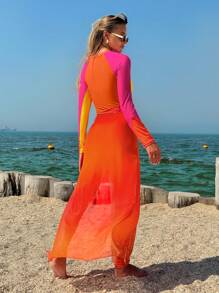 Swim Shayni 3pcs/Set Women Summer Zip-Front Round Neck Long Sleeve Bodysuit + Orange Long Pants + Orange Side Button Mesh Maxi Skirt Casual Vacation Burkini Suit - Multicolor - View 2