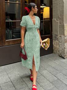 Serisse Women Solid Color V-Neck Midi Dress With Short Sleeves, Fashionable For Summer Sage Green Dress,Bodycon Dress Elegant Evening Dress - Green - View 5