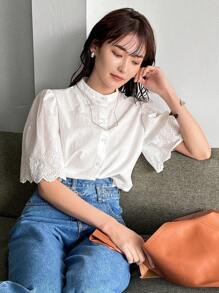 FRIFUL Áo sơ mi nữ mùa hè màu trơn cổ áo đứng rỗng thêu tay ngắn - trắng - Xem 7