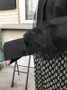 FRIFUL Women's Black Loose Short Mesh Shirt Design, Spring Long Sleeve Top - Black - View 7