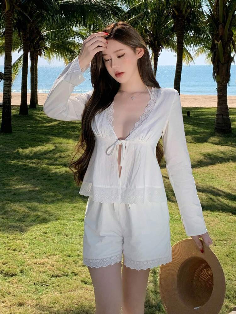 2pcs Vacation Style Women Lace Patchwork Cardigan & Shorts Set,Fall Women Clothes