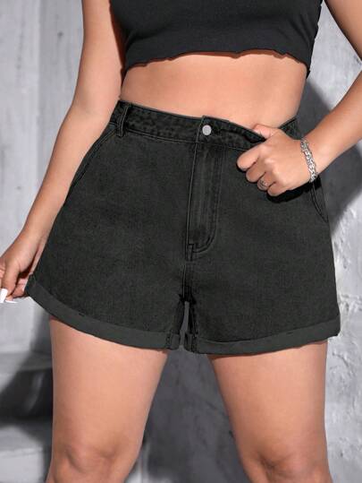 SHEIN ICON Plus Size Women Non-Stretch Pocketed Loose Casual Versatile Denim Shorts