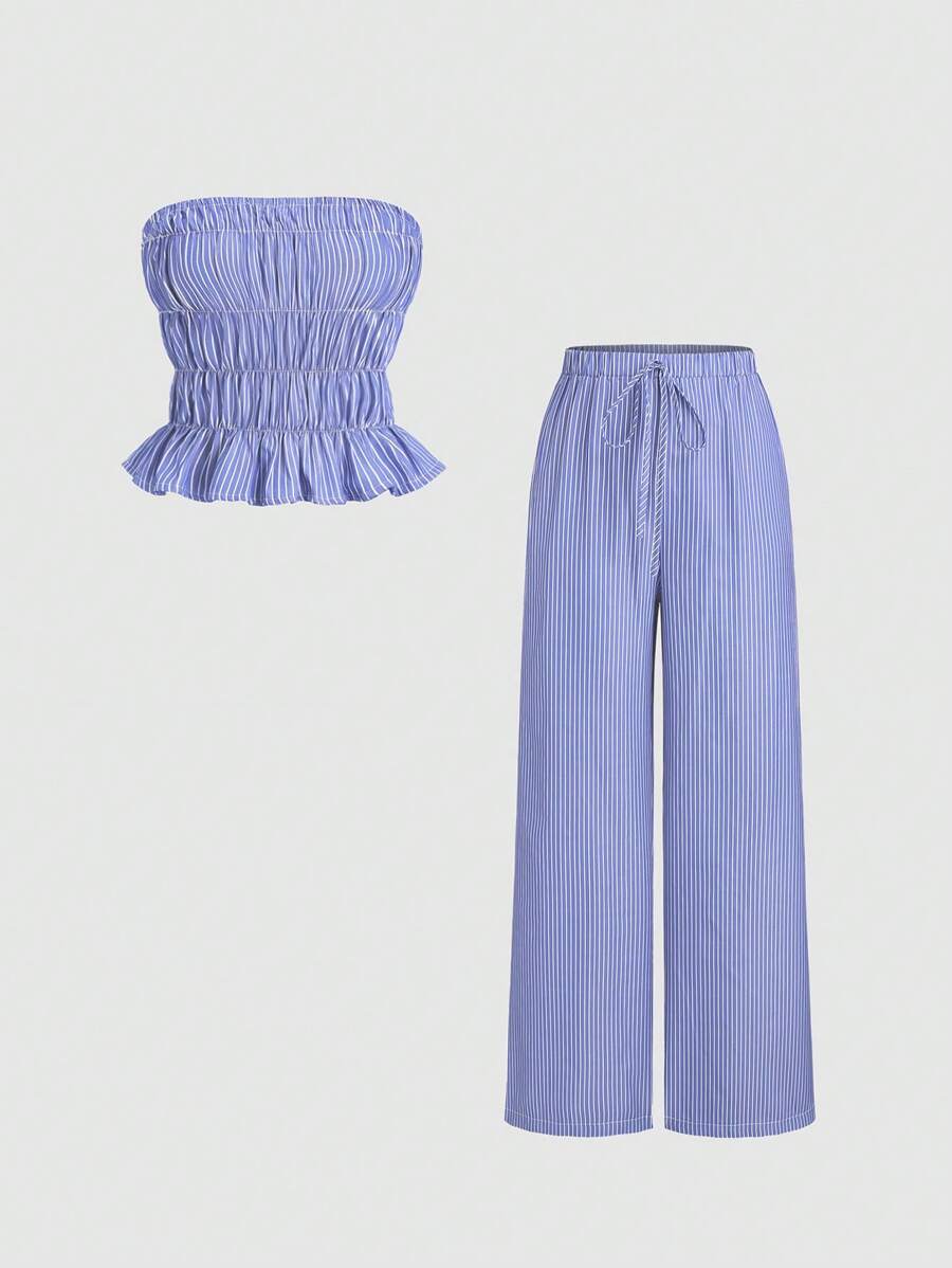 Sweetra 2pcs Set Women Casual Striped Strapless Top + Wide Leg Pants, Relaxed Feeling, Slim-Fit, Spring - Blue - View 1