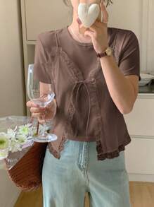 DAZY Women 2 In 1 Lace Patchwork Round Neck Short Sleeve T-Shirt - Coffee Brown - View 3