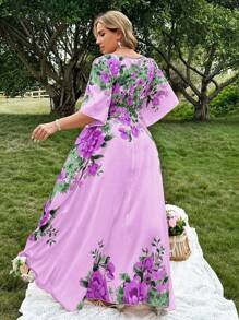 Flirla Plus Size V-Neck Ruffle Sleeve Flared Hem Elegant Vacation Wedding Bridesmaid Dress For Women - Purple - View 2