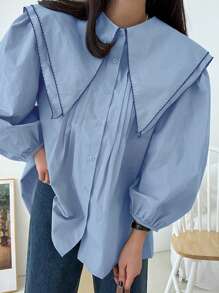 DAZY Women's Casual Ruffle Collar Long Sleeve Blouse, Spring/Fall - Baby Blue - View 6