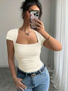 Selianne 时尚U领修身褶皱腰高弹针织白色女T恤，春夏季