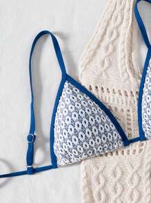 SHEIN Swim 2 件套女士夏季海滩蓝色底白色网眼吊带上衣和三角比基尼泳裤泳衣 - 藍色 - 查看 8