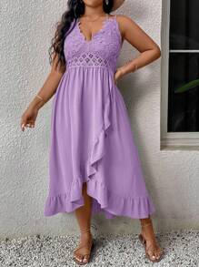 SHEIN VCAY Plus Size Mauve Purple Midi Dress With Crochet Lace Bodice And Ruffle Wrap Hem For Casual Summer Style - Mauve Purple - View 5