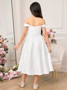 Tween Girls Elegant White Satin Camisole Mid-Length Dress, Summer