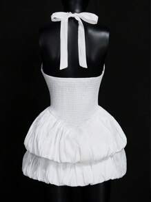 SHEIN ICON Summer Elegant Solid Color Backless Halter Birthday Party Graduation White Mini Dress With Ruffle - White - View 2