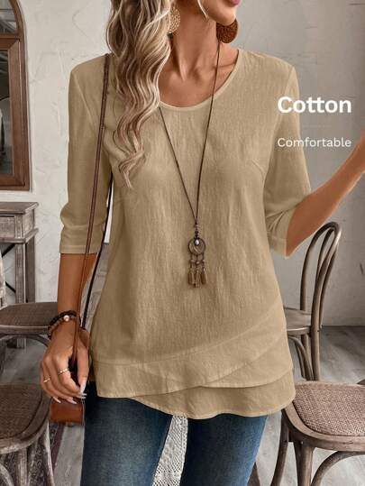 EMERY ROSE Fall Women Clothes Crew Neck Long Sleeve Floral All-Over Print Casual Top