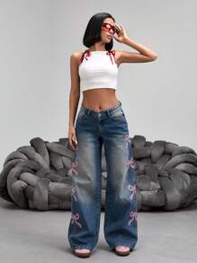 EURMUSE Casual Washed Butterfly Embroidery Wide Leg Jeans - Medium Wash - View 6